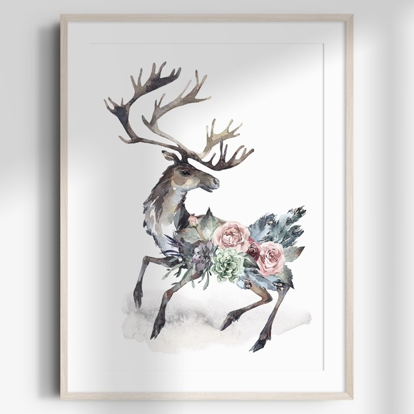 Other - Watercolor Floral Moose Elk Deer Portrait Wall Art Illustration Print Unframed